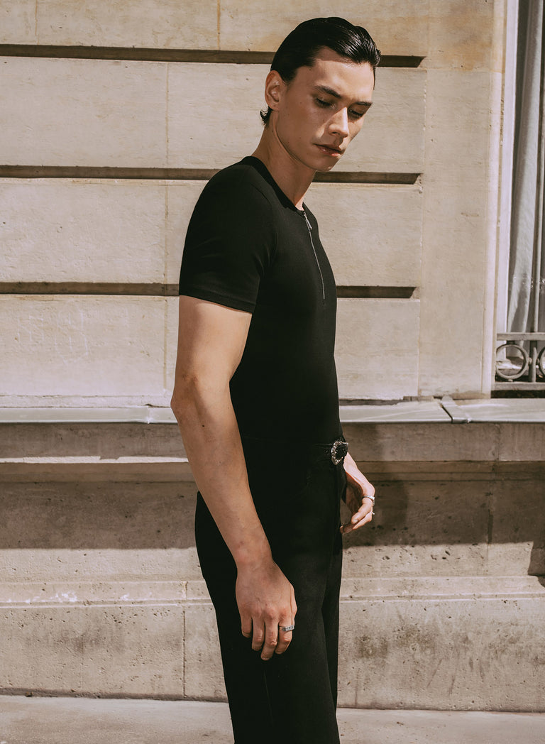 Black Ribbed Cotton Henley Zip T-Shirt
