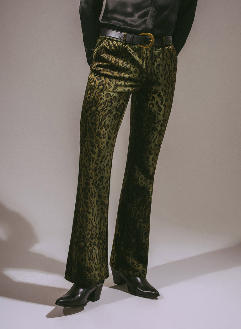 Green Leopard Velvet Flare Trousers