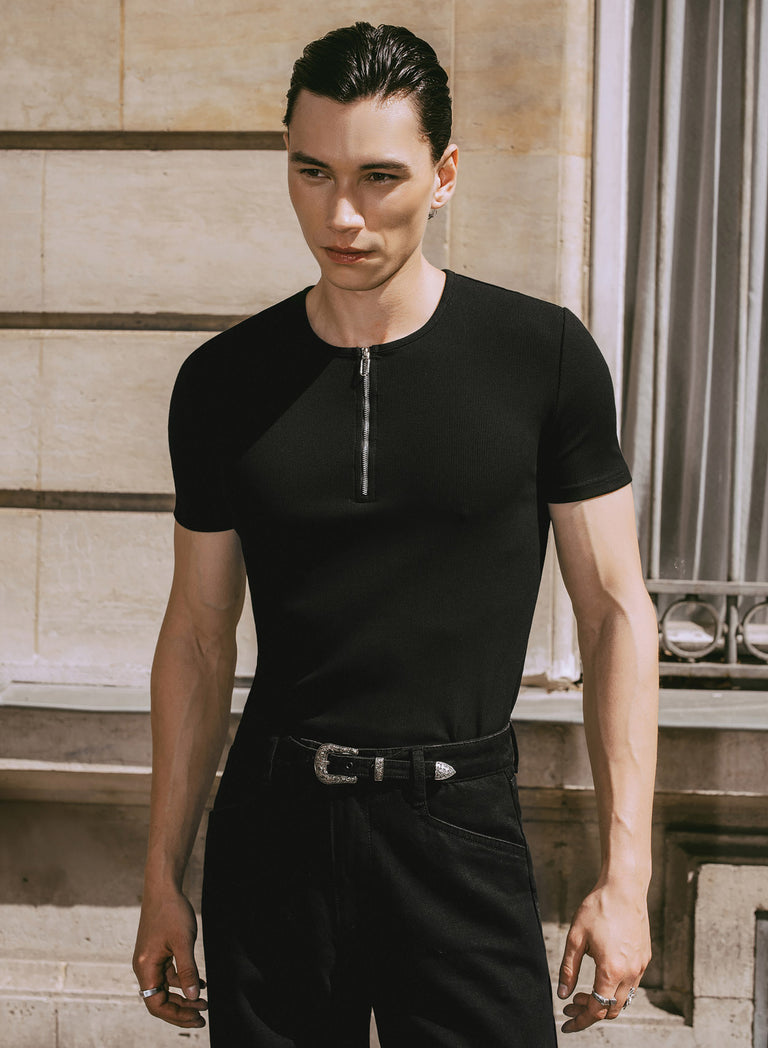 Black Ribbed Cotton Henley Zip T-Shirt