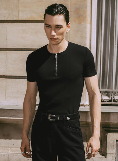 Black Ribbed Cotton Henley Zip T-Shirt