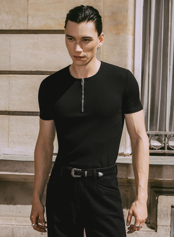 Black Ribbed Cotton Henley Zip T-Shirt