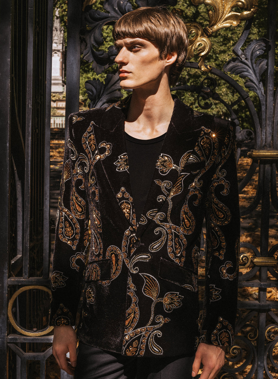 Phix X The Beatles Black Embellished Paisley Velvet Blazer