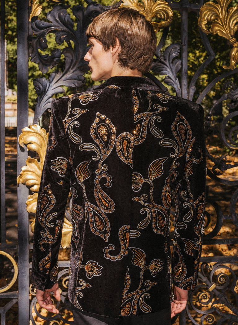 Phix X The Beatles Black Embellished Paisley Velvet Blazer
