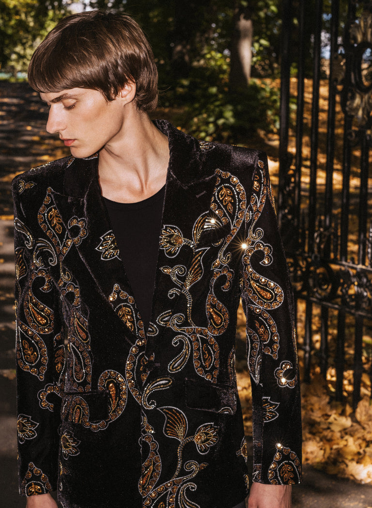 Phix X The Beatles Black Embellished Paisley Velvet Blazer
