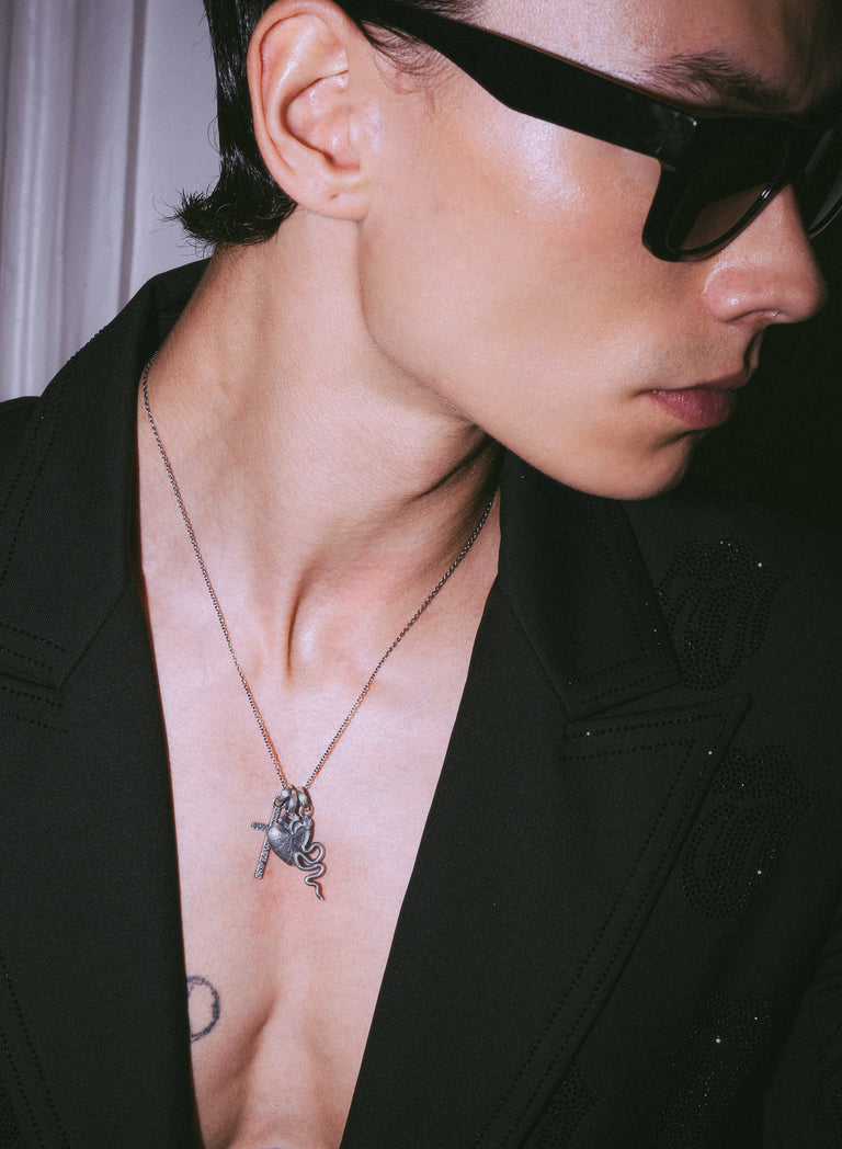 Silver Saint & Serpent Pendant Necklace Set