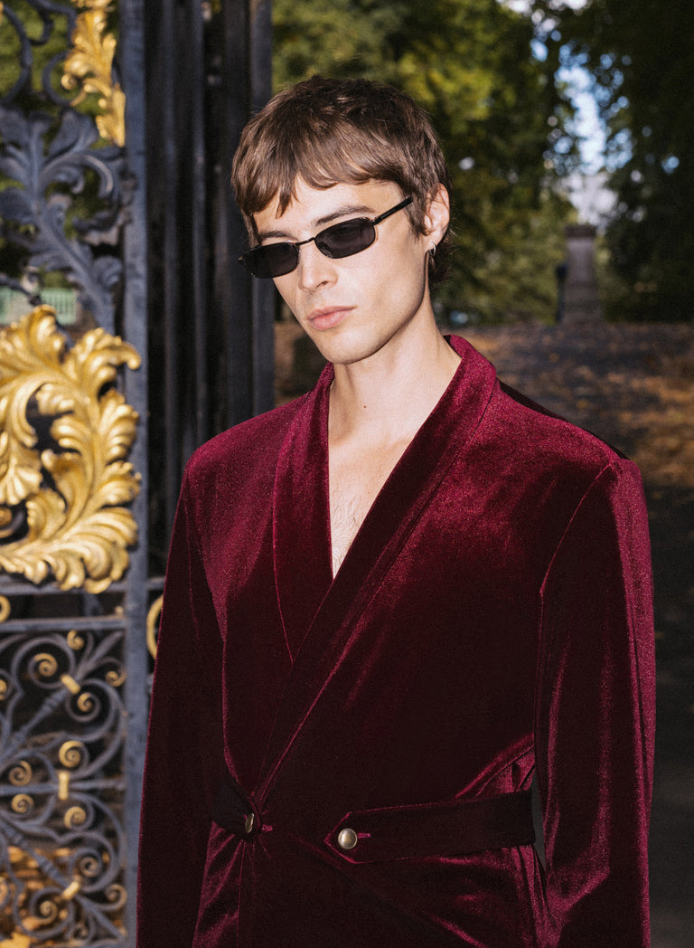 Phix X The Beatles Burgundy Velvet Shawl Collar Shirt