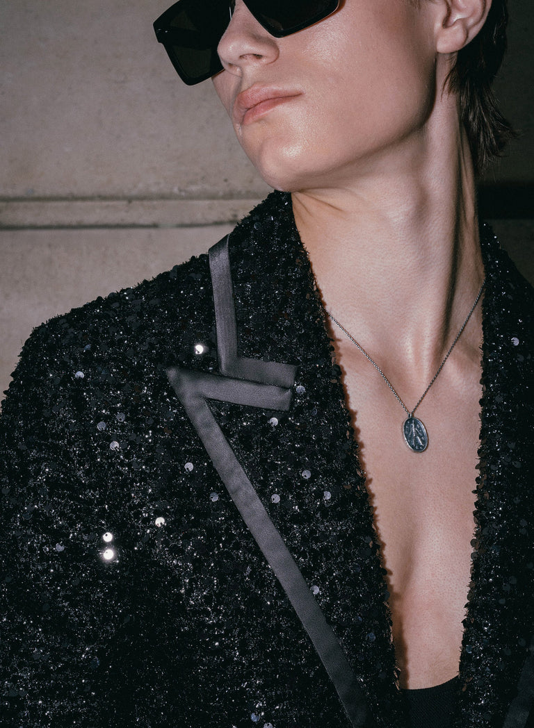 Black Sequin With Satin Trim Lapel Blazer