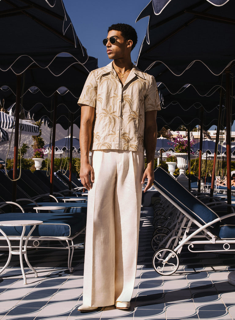 Ivory Palm Embroidery Cuban Linen Shirt
