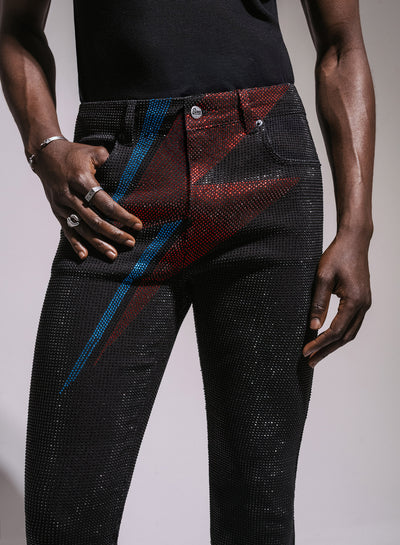 Phix X David Bowie Men's Black Rhinestone Lightning Bolt Flared Jeans