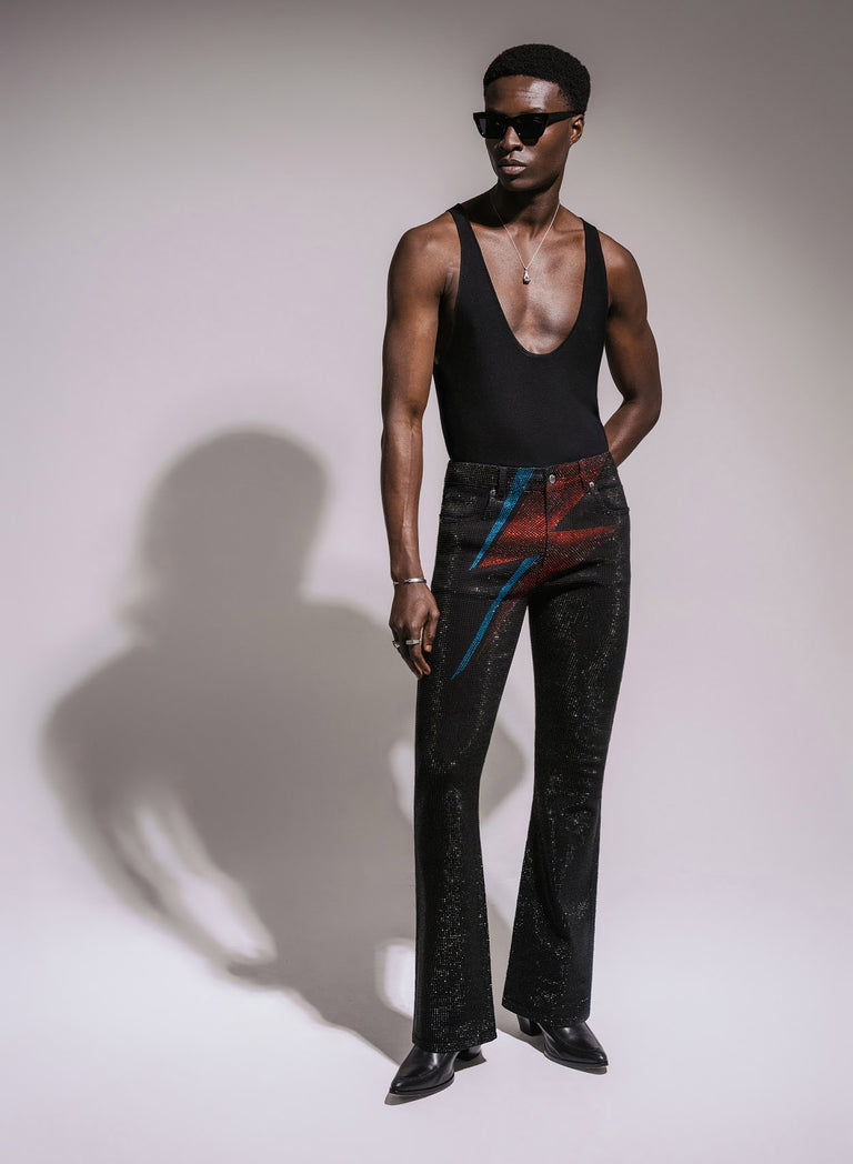 Phix X David Bowie Men's Black Rhinestone Lightning Bolt Flared Jeans