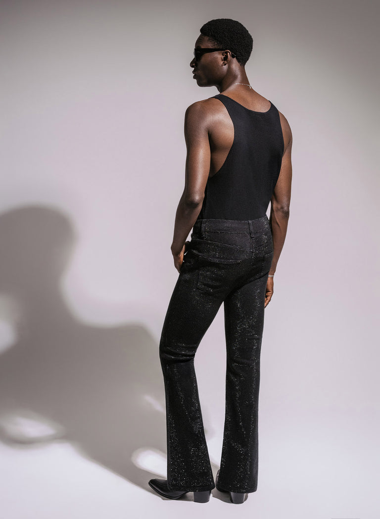 Phix X David Bowie Men's Black Rhinestone Lightning Bolt Flared Jeans