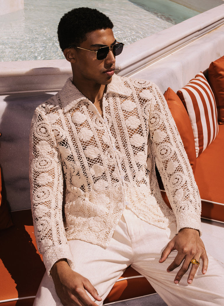 Phix Men's Off-White Long Sleeve Circular Crochet Shirt