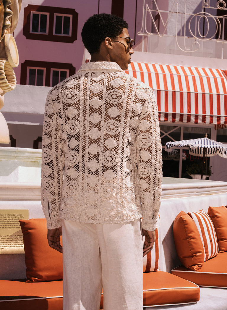 Off-White Long Sleeve Circular Crochet Shirt