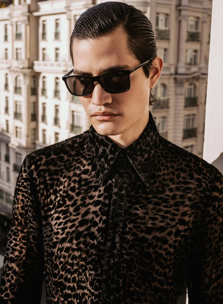 Black Semi Sheer Leopard Effect Velvet Shirt