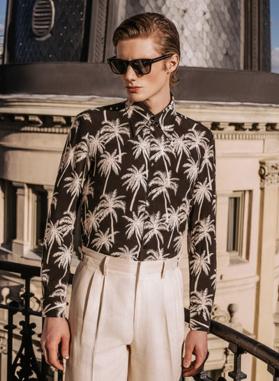 Black Viscose Palm Tree Shirt