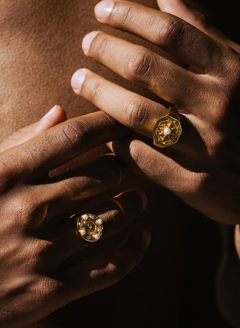 Gold Pearl & Crystal Signet Ring