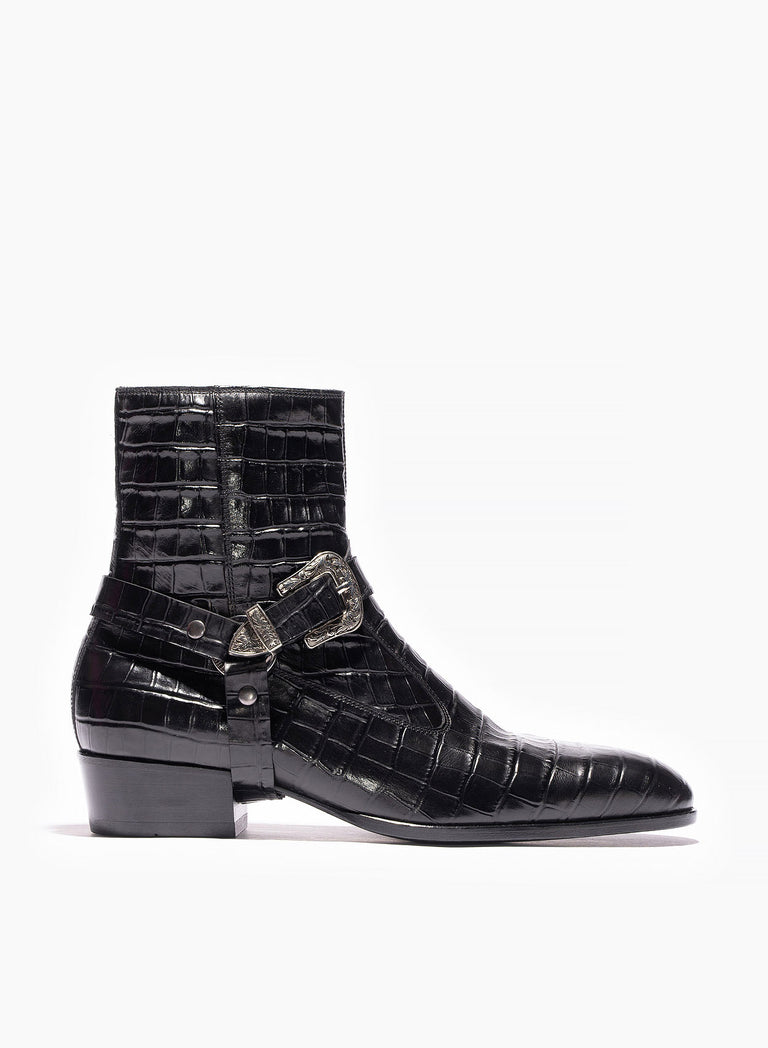 Black Leather Croc Effect Western Buckle Harness Boot Phix