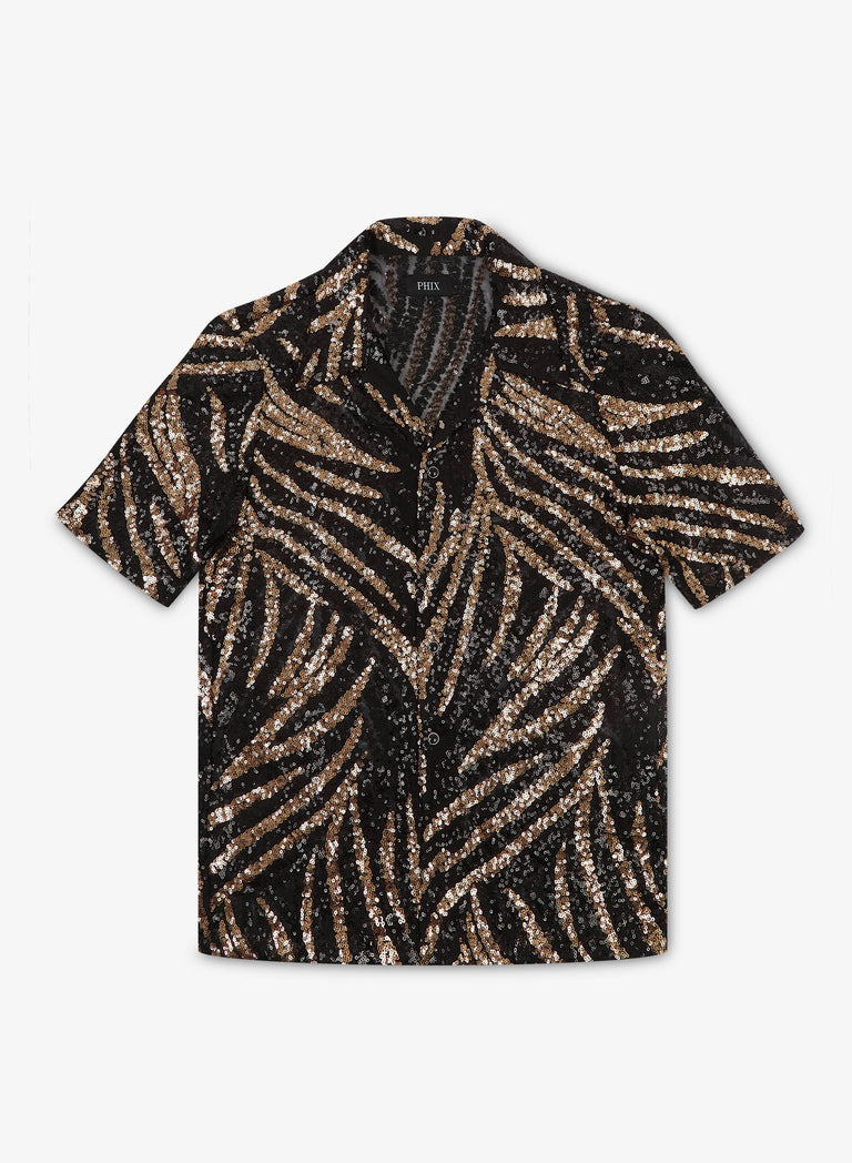 Black and Gold Zebra Sequin Embellished Cuban Shirt