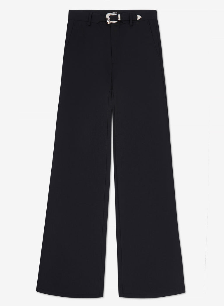 Black Wool Western High Waisted Buckle Trousers