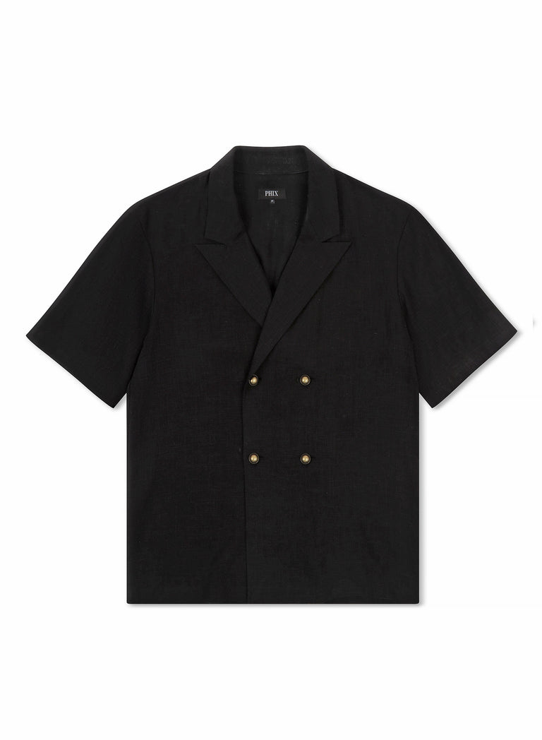Black Short Sleeve Linen Double Breasted Shirt