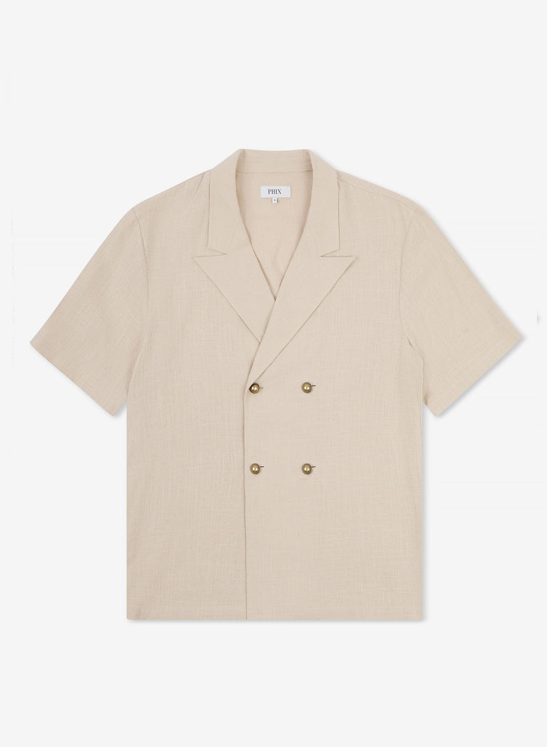 Beige Short Sleeve Linen Double Breasted Shirt