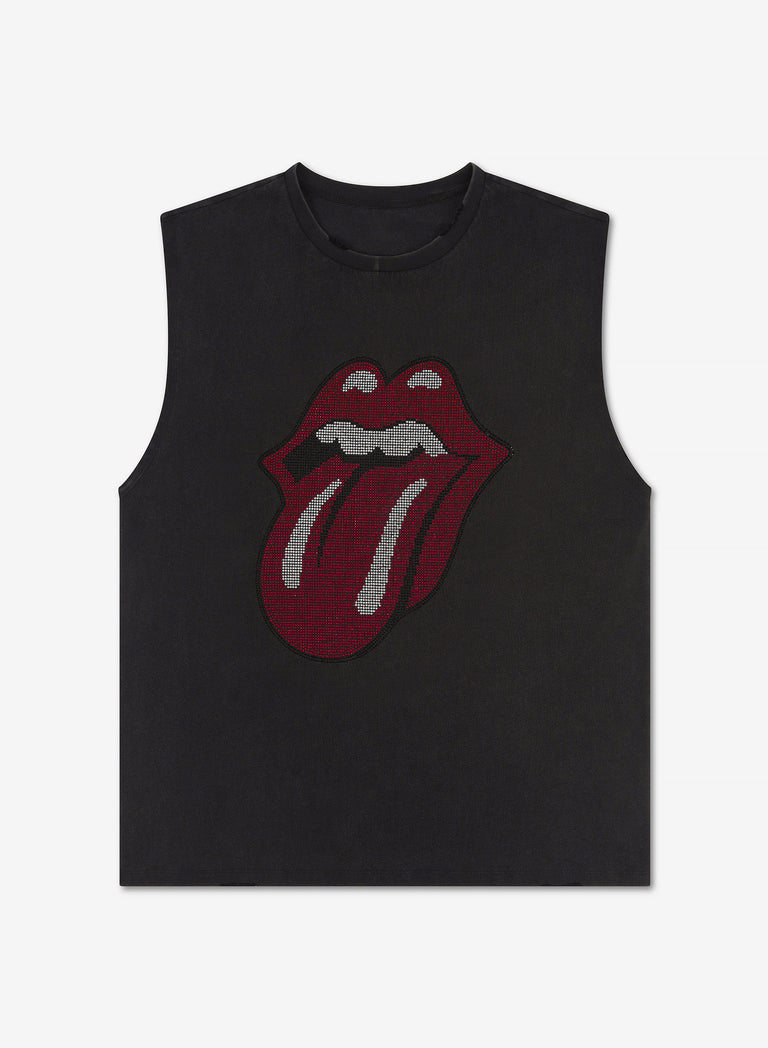 Phix X Rolling Stones Charcoal Acid Wash Sleeveless Rhinestone T-Shirt