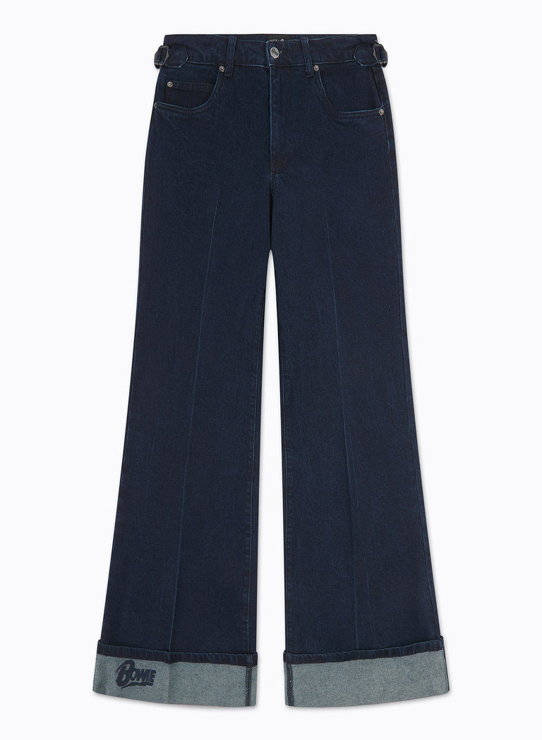 Phix X David Bowie Women's High Waisted Indigo Turn-Up Flared Jeans