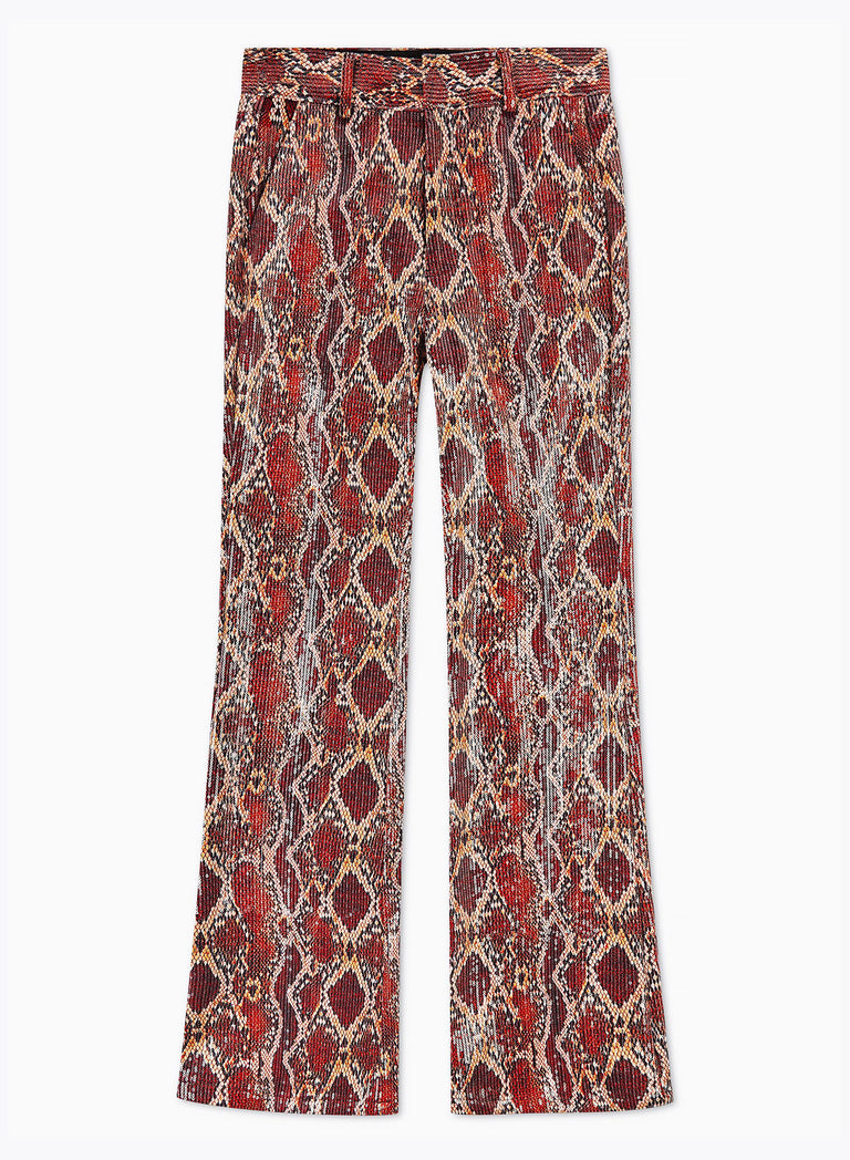 Red Snake Effect Sequin Flare Trousers