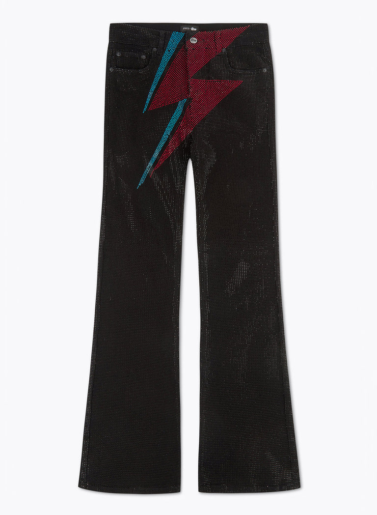 Phix X David Bowie Men's Black Rhinestone Lightning Bolt Flared Jeans