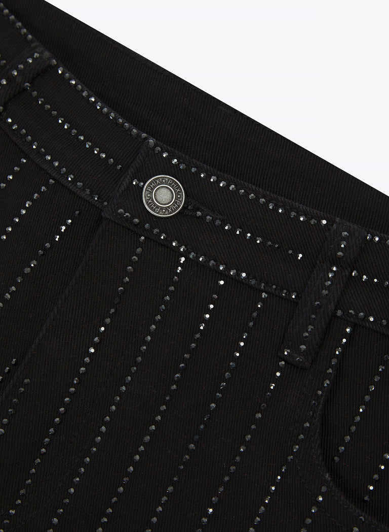 Black Diamante Pin Stripe Denim Flare Jeans