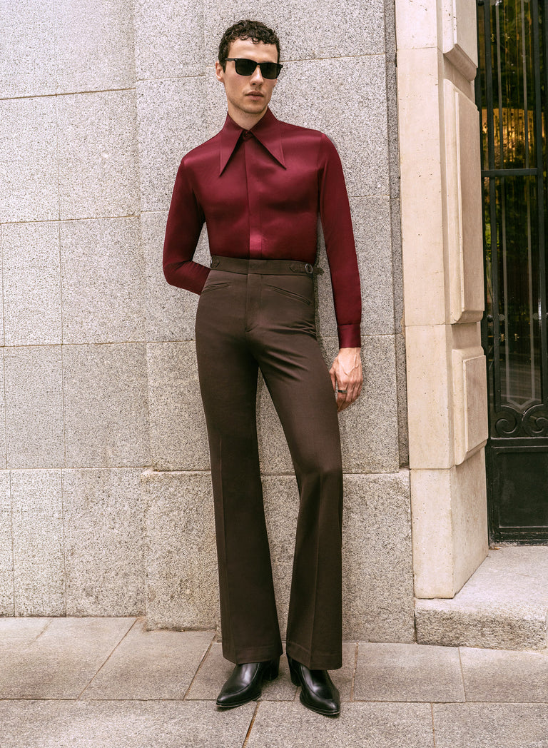 Brown Pure Wool Slim-Fit Flare Side Buckle Trousers