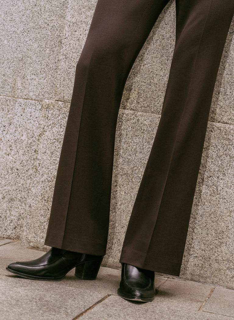 Brown Pure Wool Slim-Fit Flare Side Buckle Trousers