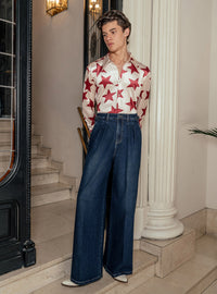 Washed Indigo Denim Pleated Wide Leg Buckle Flare Jean