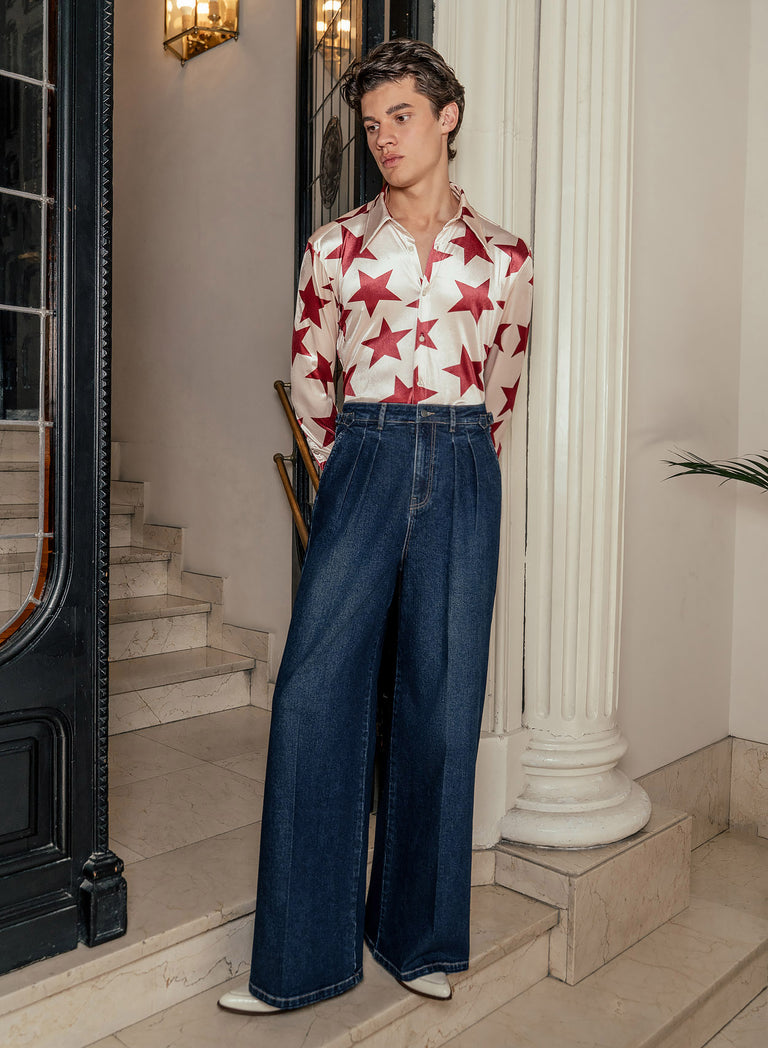 Washed Indigo Denim Pleated Wide Leg Buckle Flare Jean