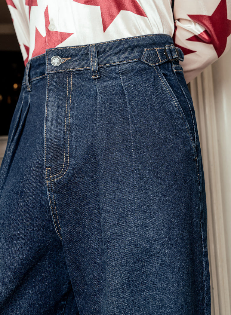 Washed Indigo Denim Pleated Wide Leg Buckle Flare Jean