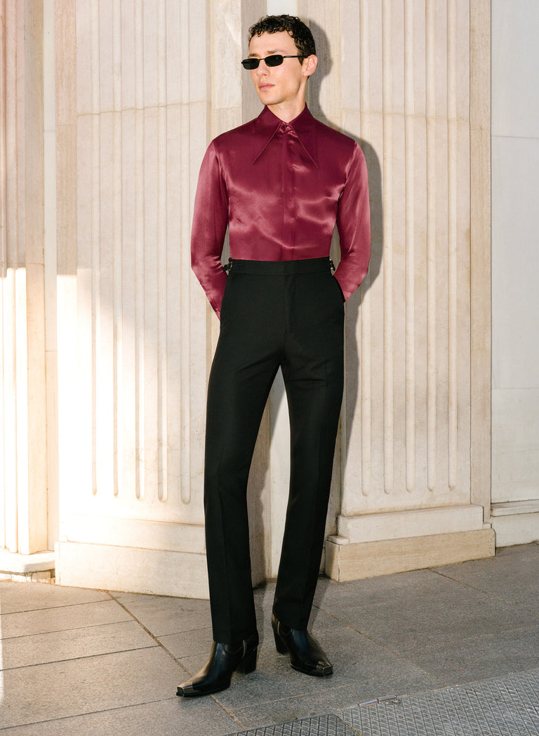 Black Pure Wool Slim-Fit Side Buckle Trousers