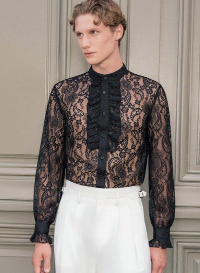 Black Lace Paisley Ruffle Shirt