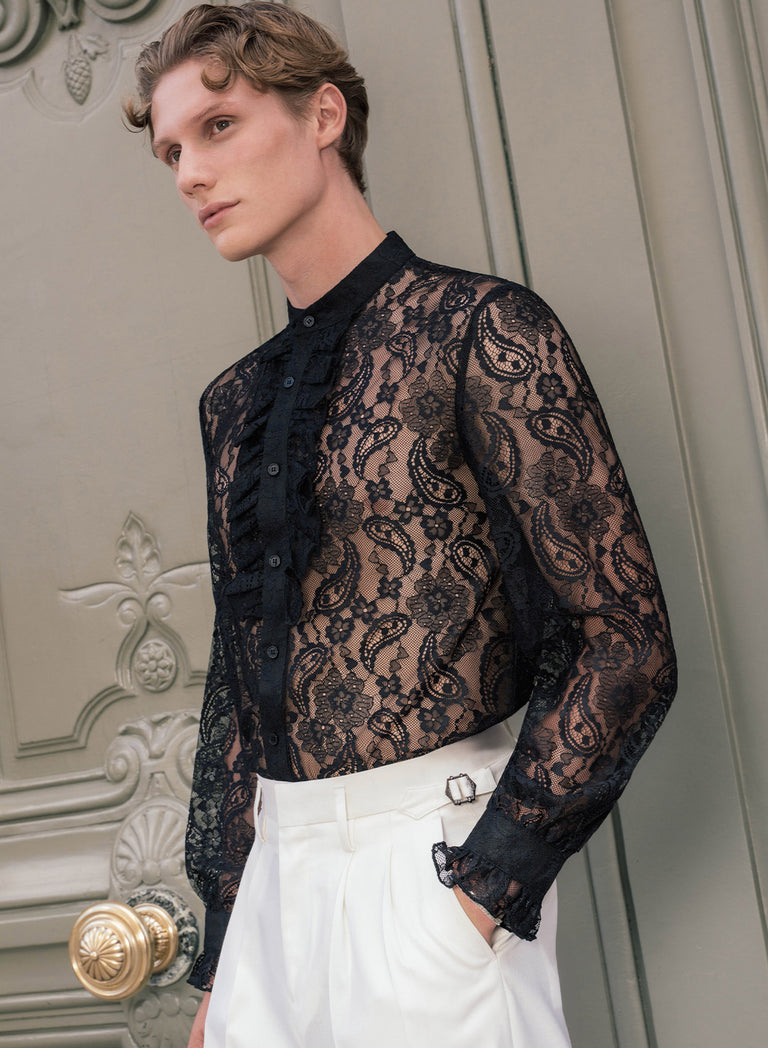 Black Lace Paisley Ruffle Shirt