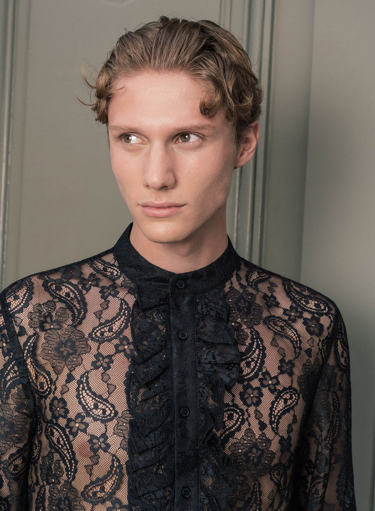 Black Lace Paisley Ruffle Shirt