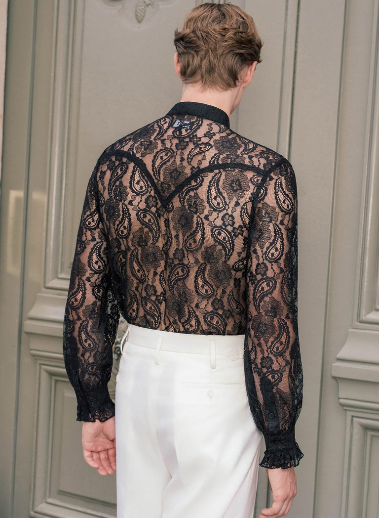 Black Lace Paisley Ruffle Shirt