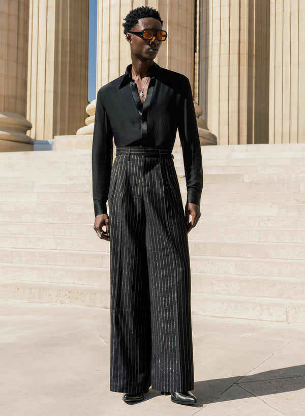 Black High Waisted Silver Pinstripe Side Buckle Flare Trousers