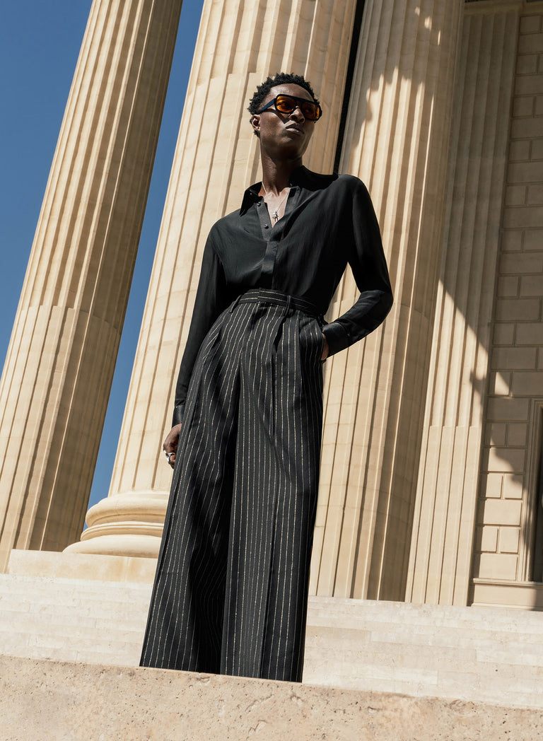 Black High Waisted Silver Pinstripe Side Buckle Flare Trousers