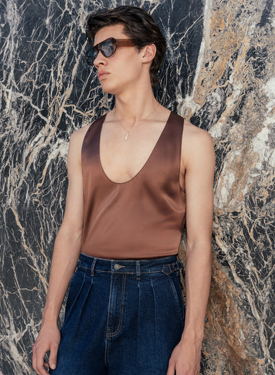 Brown Rust Silk Scoop Neck Vest