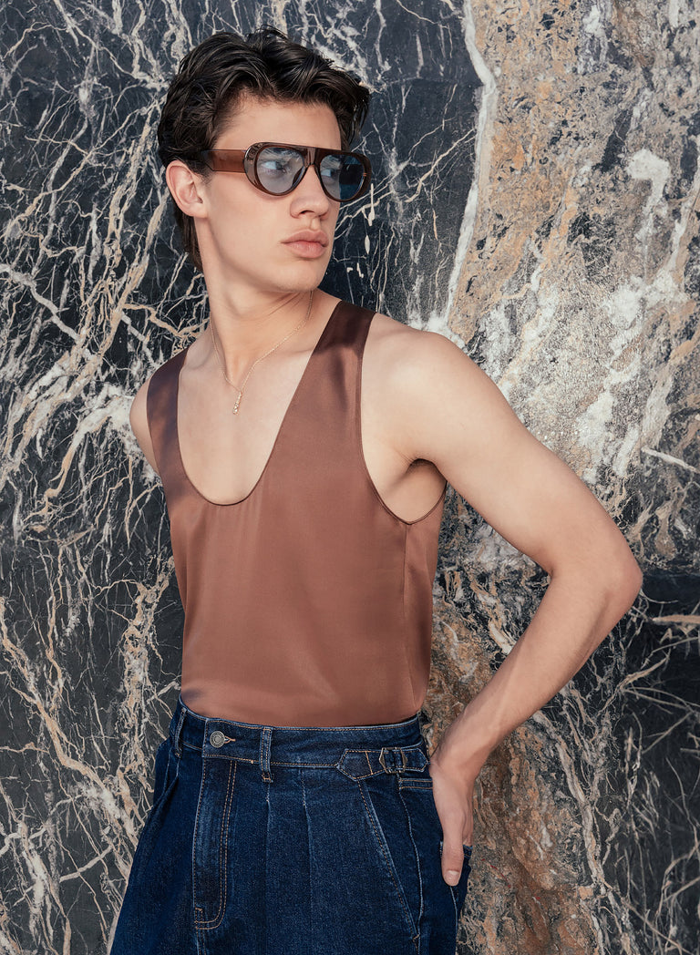 Brown Rust Silk Scoop Neck Vest