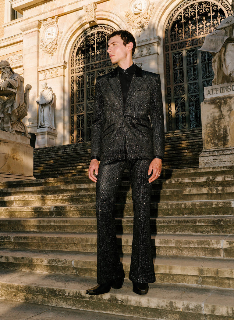 Black Silver Micro Dot Velvet Flare Trousers