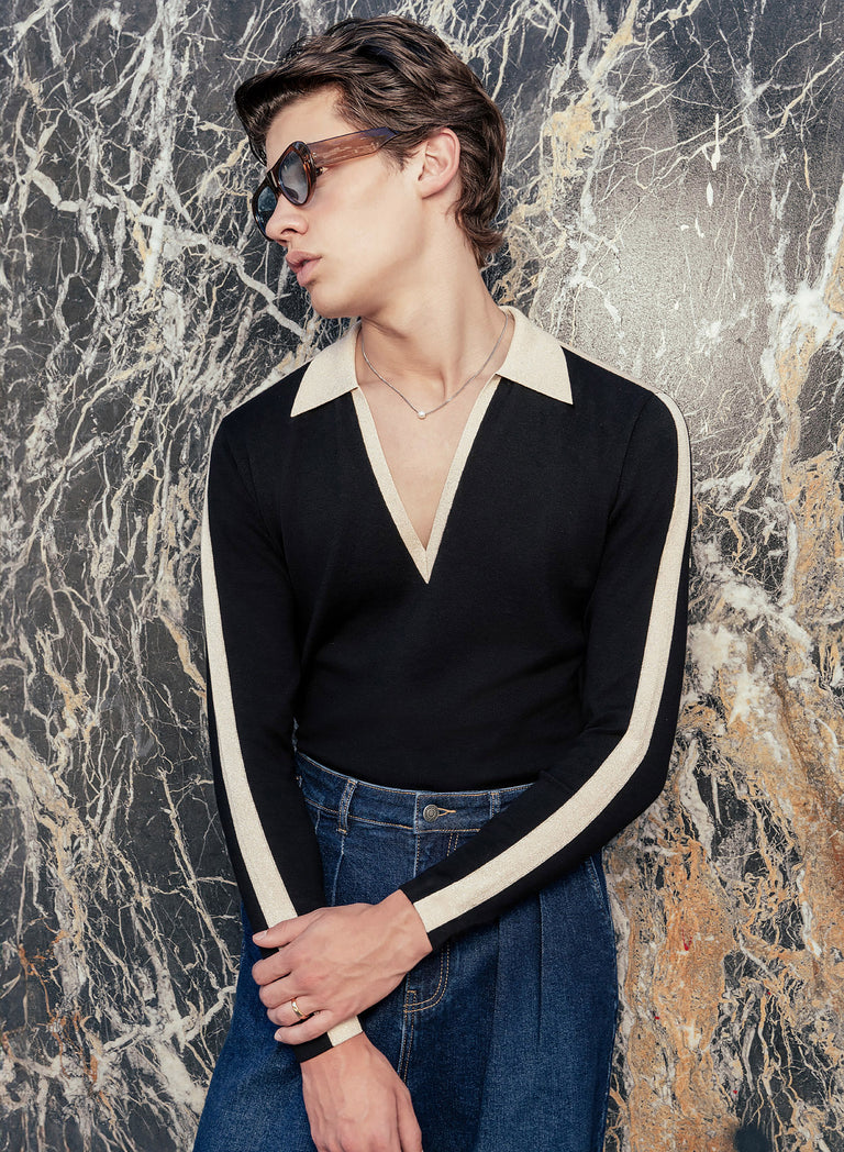 Black Metallic Gold V-Neck Cotton Polo