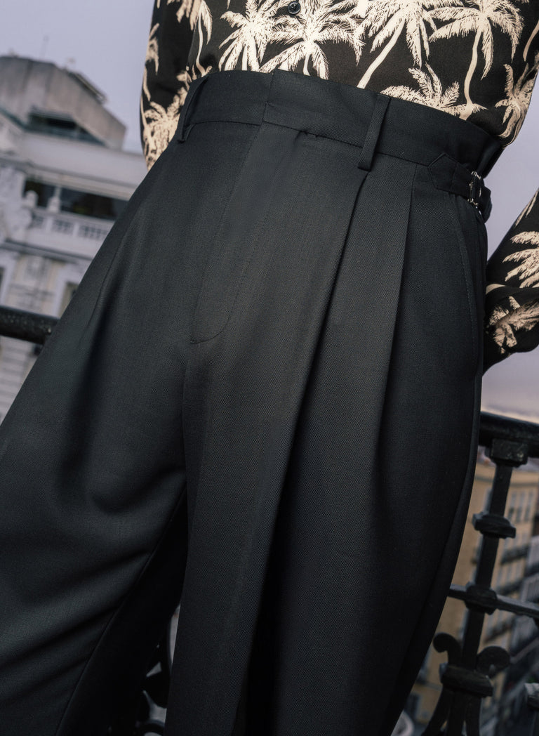 Black Wool Tapered Turn-Up Barrel Trousers