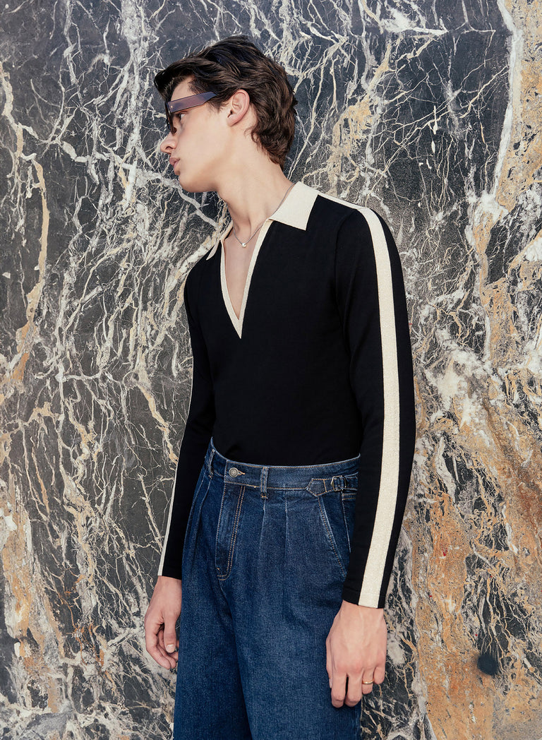 Black Metallic Gold V-Neck Cotton Polo