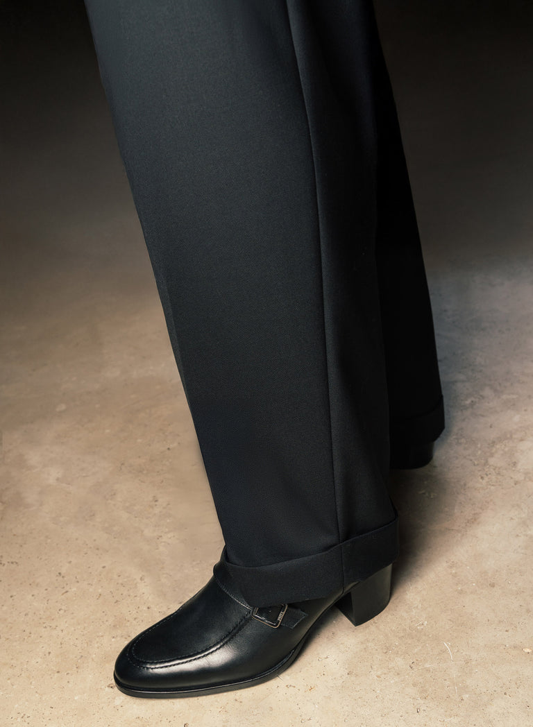 Black Wool Tapered Turn-Up Barrel Trousers