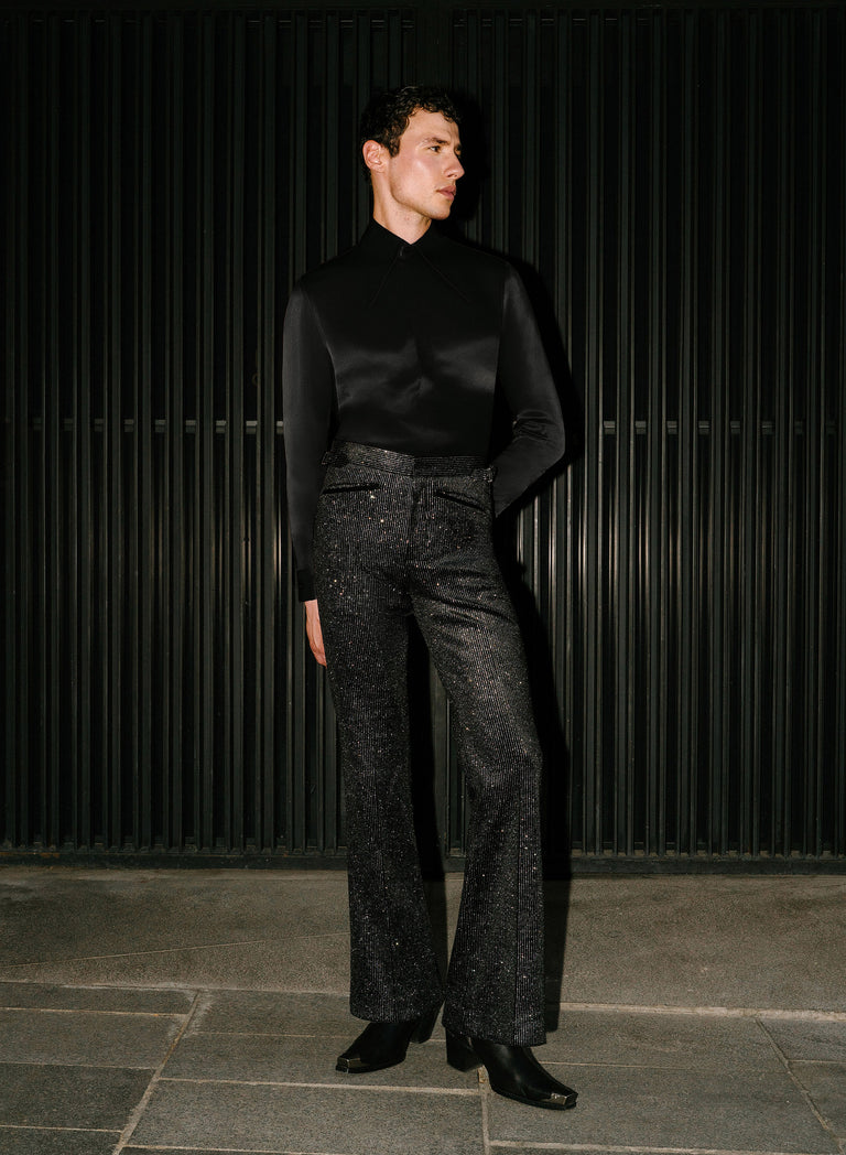 Black Silver Micro Dot Velvet Flare Trousers